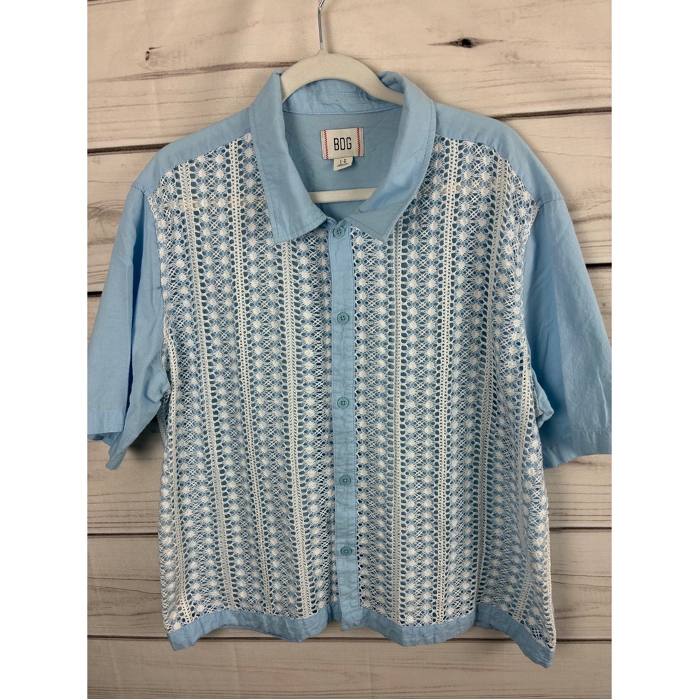 BDG Mens Light Blue Crochet Lace Front Short Sleeve Button Down Shirt Large